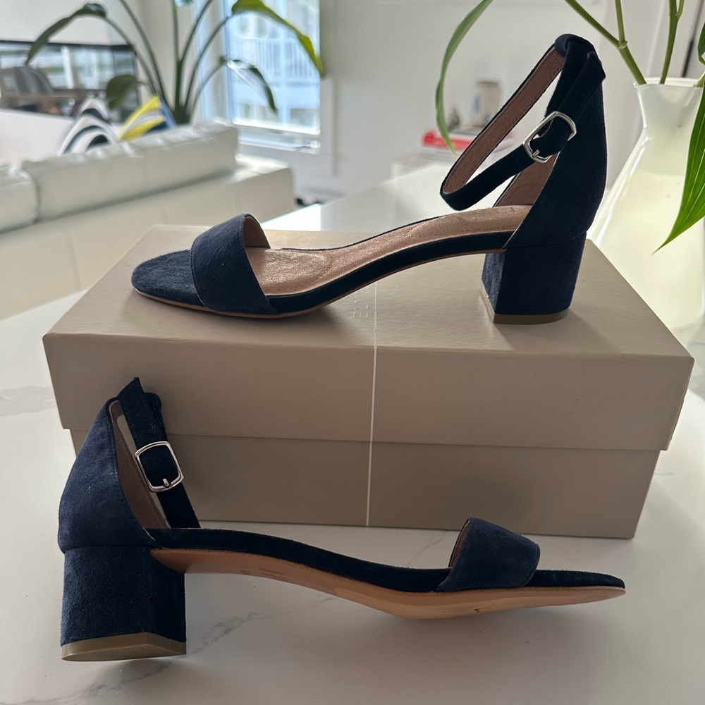 Women’s Suede Navy Block Heel Sandals with Ankle Strap. New without tags.
